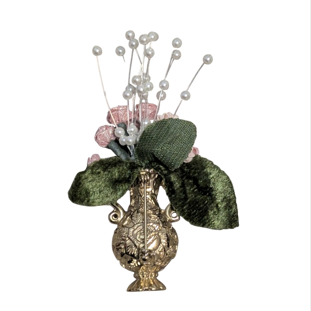 Vintage Gold Vase Brooch with Pink and Green Accents